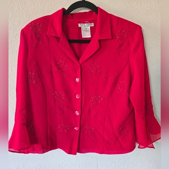 Plaza South Blazer Jacket Women Sz P14 Red Embroidered Flare Sleeves Button Up - Picture 4 of 13